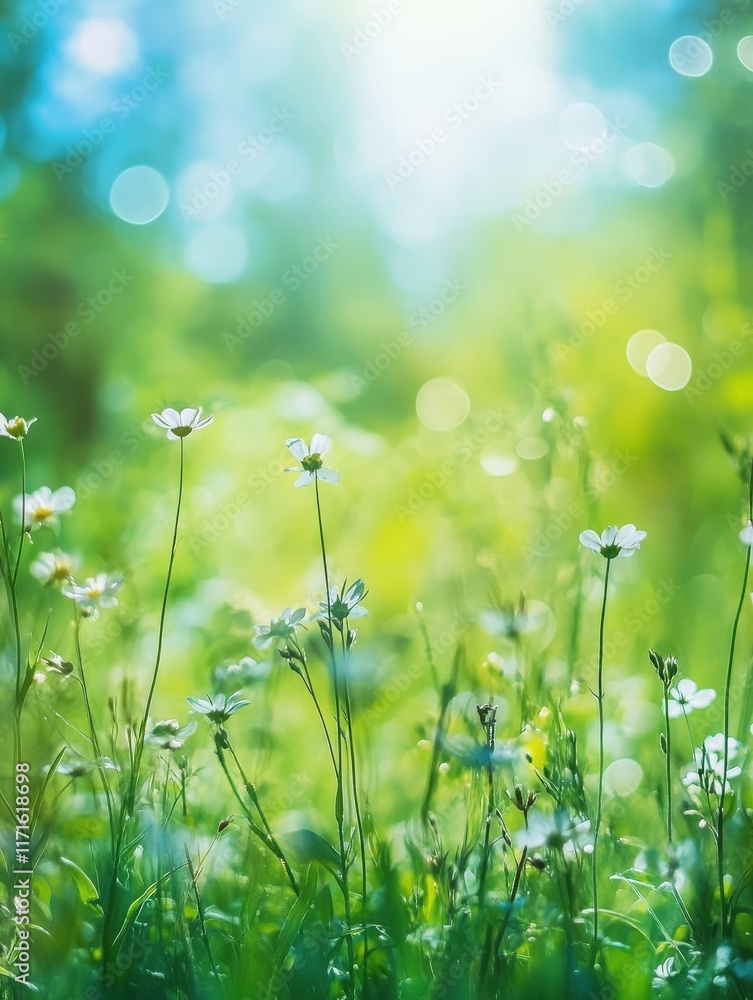 Poster beautiful sunny spring meadow with green grass and blue sky. abstract background with light bokeh an