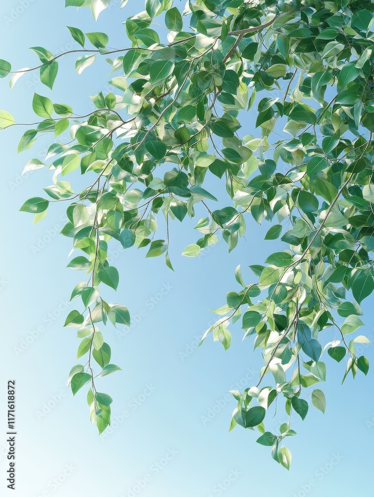Poster a tree branch covered in green leaves against a sunny blue sky, creating a summer-themed background 