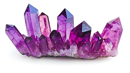 Isolated bright purple amethyst crystal cluster isolated on solid white background.