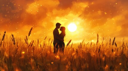 Fototapeta premium a couple of love standing in a field of wheat at sunset . generative ai