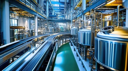 Fototapeta premium The photo shows an industrial factory with high-tech machinery and blue color accents, including a conveyor belt and metal components.