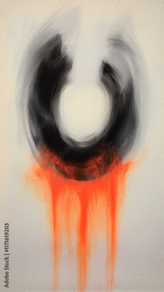 Poster orange paint dripping from black and gray concentric circles on a light gray background creates a su