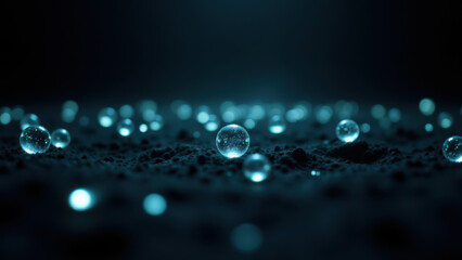 A close-up of illuminated water droplets against a dark background, capturing the essence of artificial intelligence's presence and interaction with water.