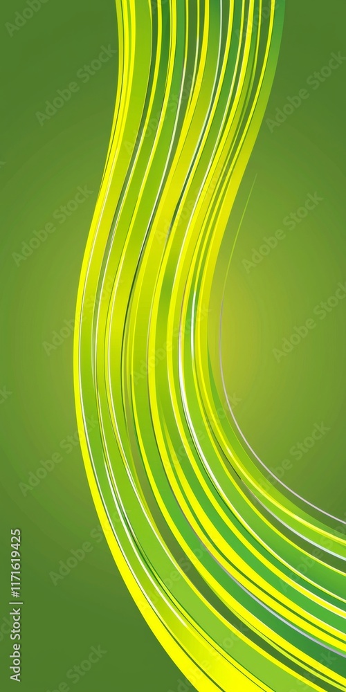 Poster green and yellow vertical stripes flowing and curving on a gradient green backdrop, creating a visua