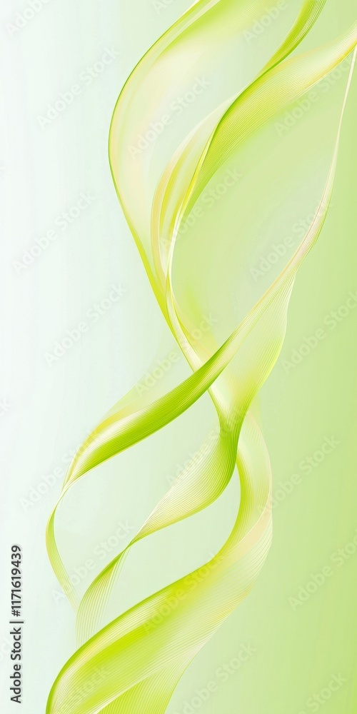 Poster smooth, translucent green and yellow lines intertwine and undulate, forming an elegant, abstract com