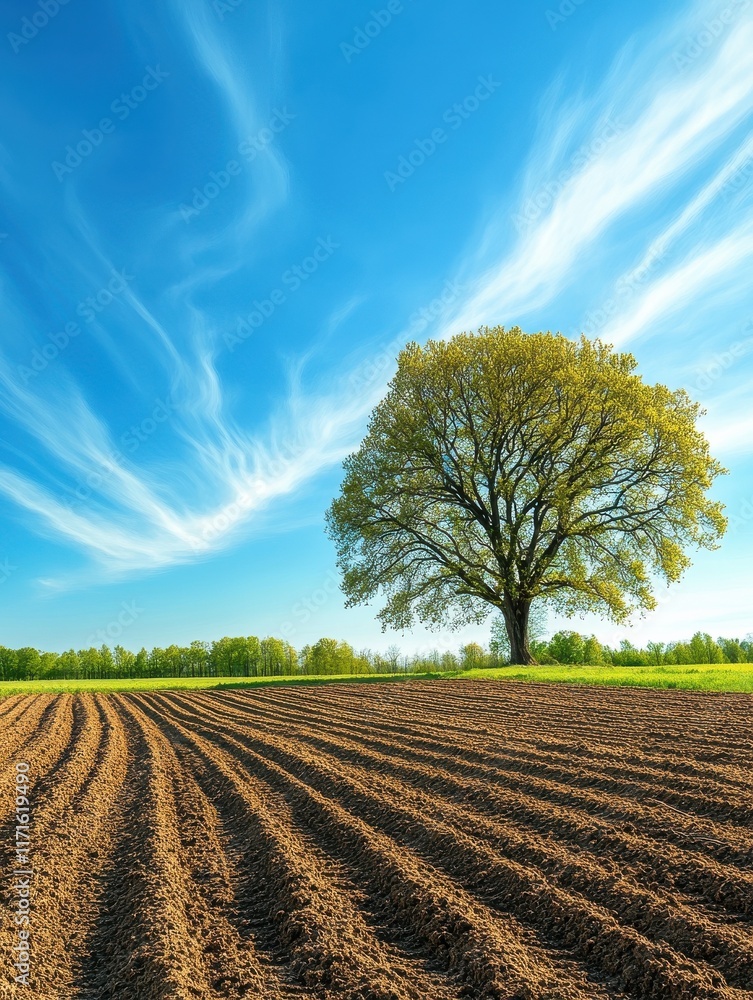 Poster ....view of freshly plowed agricultural field with large oak tree at its edge and blue sky with wisp
