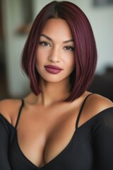 Fototapeta premium Studio portrait featuring a young woman with striking burgundy hair, bold dark lipstick, and a black top accentuating her cleavage, exuding confidence and elegance
