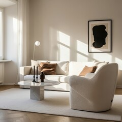 Modern minimalist living room, curved white sofa, textured fabric, abstract black artwork, floor lamp with spherical shade, natural light through window, beige carpet, cozy throw pillows, neutral colo