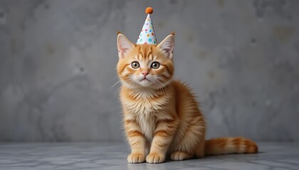 Festive Feline: Adorable Ginger Cat in Birthday Hat