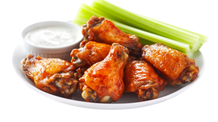 A plate of spicy chicken wings with a side of celery isolated on a transparent background, PNG