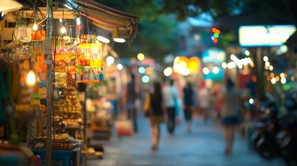Obraz premium Colorful lights illuminate food and souvenirs at a bustling night market in thailand, creating a vibrant atmosphere as tourists stroll through, experiencing the local culture and cuisine