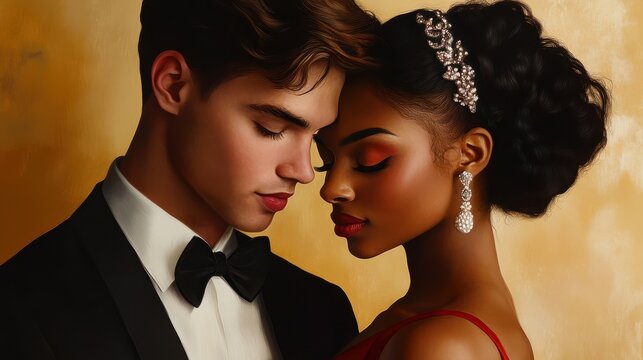 An elegant young man and woman of different race and ethnicity in a romantic relationship, dressed up for a prom date, sharing intimate embrace, lost in love. An interracial couple passionate romance
