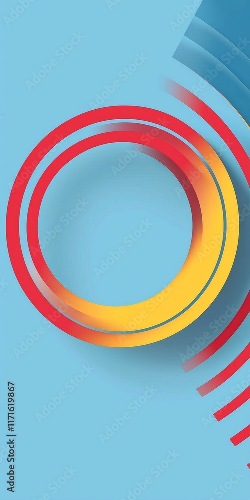 Poster Colorful circles and lines overlapping and intertwining on a light blue backdrop, forming a dynamic and visually striking abstract composition filled with vibrant energy
