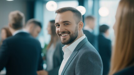 Fototapeta premium Portrait of a cheerful businessman smiling during a corporate event, networking with colleagues in the background, showcasing confidence and success in a professional setting