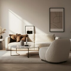 Modern minimalist living room, curved white sofa, textured fabric, abstract black artwork, floor lamp with spherical shade, natural light through window, beige carpet, cozy throw pillows, neutral colo