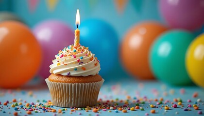 Festive Birthday Celebration: Cupcake with Candle and Balloons