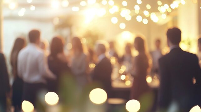 Blurred image of people socializing and enjoying an evening party with warm, ambient lighting and a bokeh effect, creating a festive and celebratory atmosphere