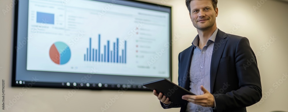 Poster businessman holding a tablet while presenting data through charts and graphs on a large screen in a 