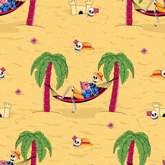Seamless pattern featuring skeletons reading book on a beach