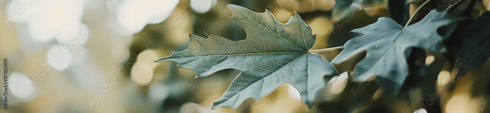 Poster maple leaf hanging from a branch, gently swaying in the soft sunlight filtering through the surround