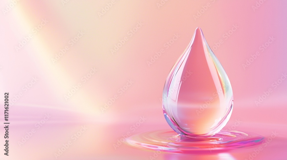 Poster large transparent drop with pink and orange reflections standing on a smooth surface, creating a bea