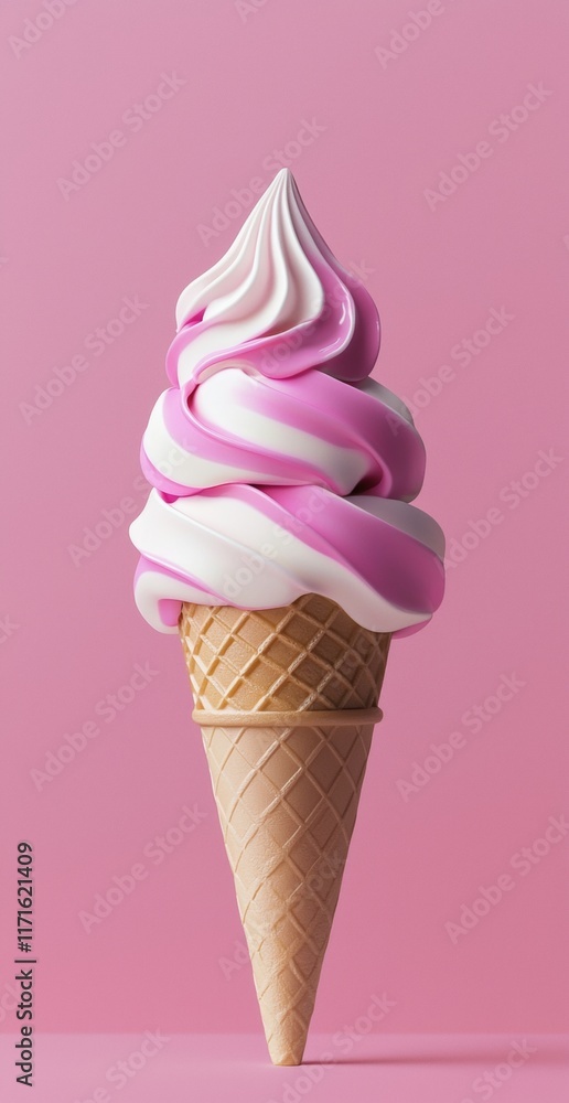 Poster pink and white soft serve ice cream with a perfect swirl stands in a crispy waffle cone on a solid p