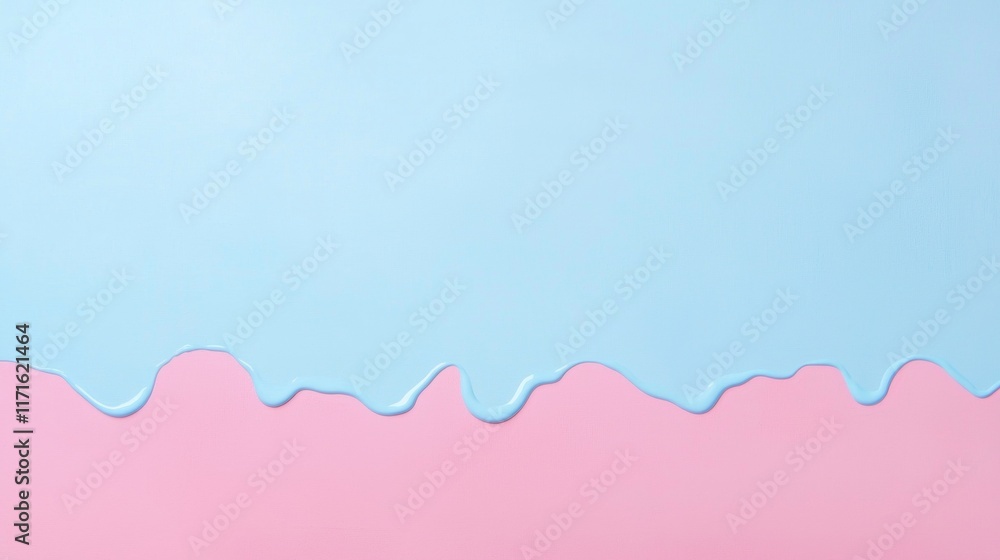 Poster light blue paint is dripping on a pink background, creating an abstract design with a wavy pattern a