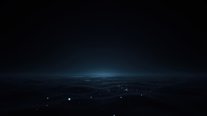 A futuristic scene with an AI floating above a cityscape at night.