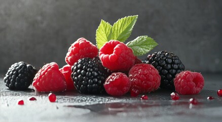 Freshly picked blackberries and raspberries on a stone surface under soft sunlight