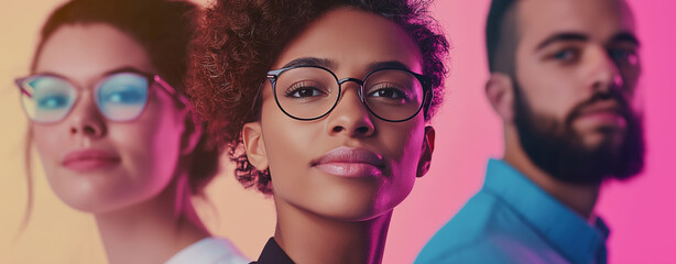 Three young professionals wearing eyeglasses are posing together with colorful lights in the background, creating a modern and stylish image