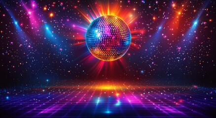 Obraz premium Colorful disco ball spinning under flashing lights in a dark dance club environment