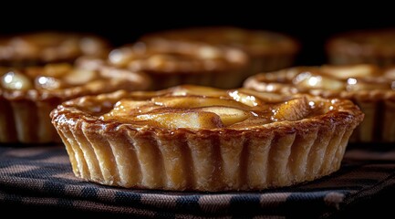 Delicious apple tart displayed on a checkered cloth in a cozy kitchen setting