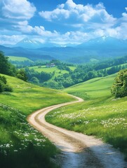 Fototapeta premium Natural landscape of green mountains and country road under blue sky