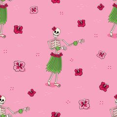 Seamless pattern featuring skeletons dancing in Hawaiian outfits on pink