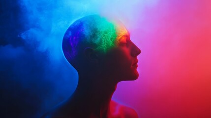 Shaved head, colorful light, smoky background, serene profile.