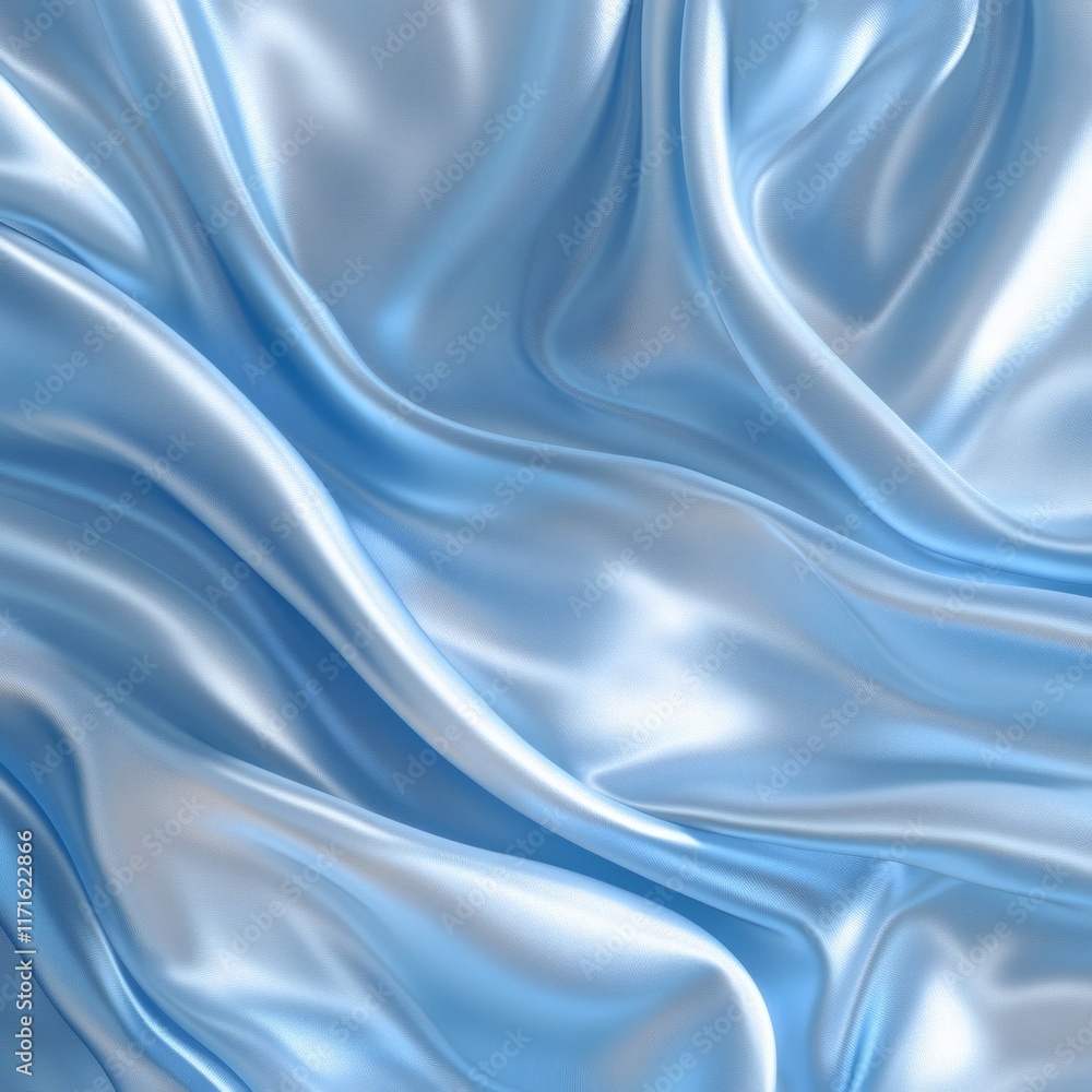Poster soft blue fabric background with flowing waves in a smooth, satin texture