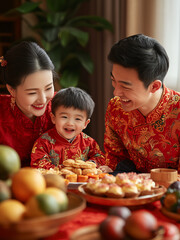 Chinese Family on Lunar New Year Harmony and Tradition, Chinese New Year Celebration with Family in Traditional Outfits, Chinese Family Smiling Together