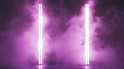 Two Bright Neon Lights Illuminate Purple Fog