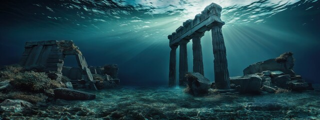 A haunting image of ancient ruins submerged beneath the crystal-clear waters of the Aegean Sea, Aegean underwater ruins scene, Atmospheric style