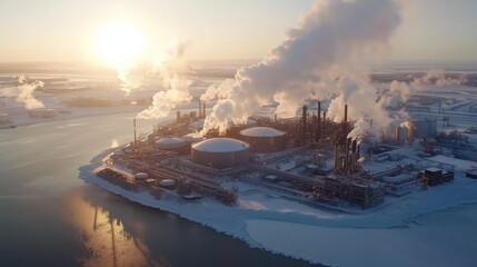 Industrial plant emitting smoke near a frozen river at sunrise, symbolizing environmental impact, climate change, and the juxtaposition of industry and nature in a winter setting