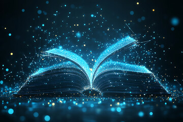 Glowing wireframe illustration of an open book with pages spread, highlighted by blue and black data points on a transparent background, symbolizing knowledge and digital learning.

