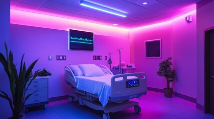 Fototapeta premium Hospital room, vibrant purple lighting, empty bed.