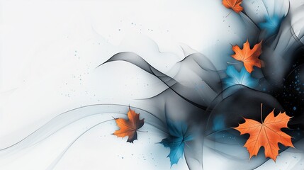 Abstract Blue and orange Leaves on White Background with Artistic Swirls and Splashes