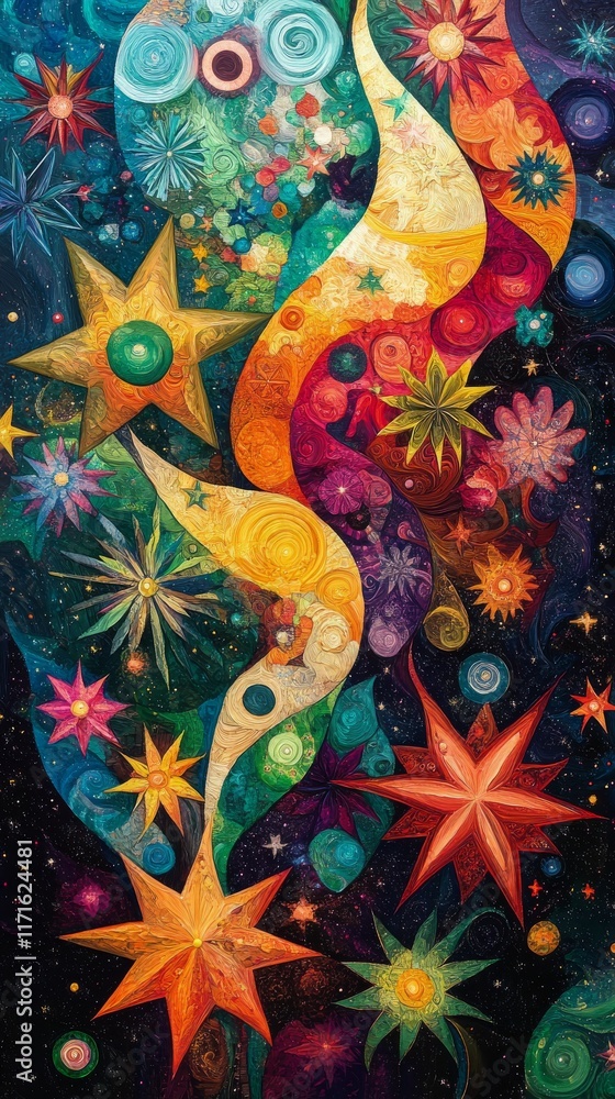 Poster vibrant abstract cosmic art depicting swirling colors and celestial elements in a dynamic compositio