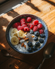 Yogurt with fresh berries, banana, and chia seeds. Perfect for healthy eating and lifestyle themes.