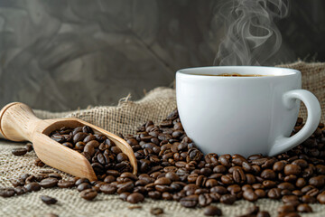 Freshly Brewed Espresso in a Coffee Cup with Creamy Swirl, Surrounded by Roasted Coffee Beans for a Rich Coffee Experience