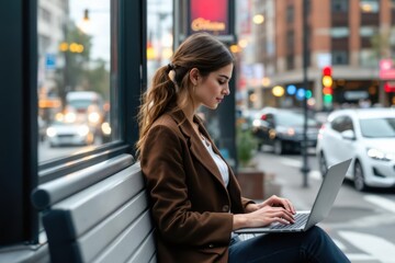 Fototapeta premium Businesswoman with laptop- commuting in the city