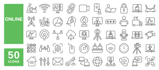 Set of 50 line icons related to online, video, camera, network, work, contact, meeting, pay, hosting, digital, stream, live, Editable stroke. Vector illustration