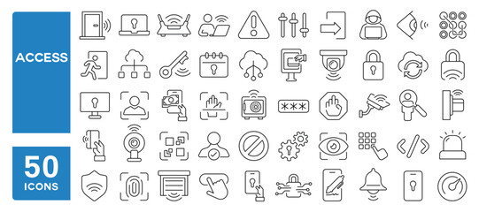 Set of 50 line icons related to access, security, password, user, check, login, private, data, protection, Editable stroke. Vector illustration