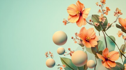 Generative AI abstract illustration of brunch of spring flowers near smooth sphere shapes against mint piece of paper and beige background